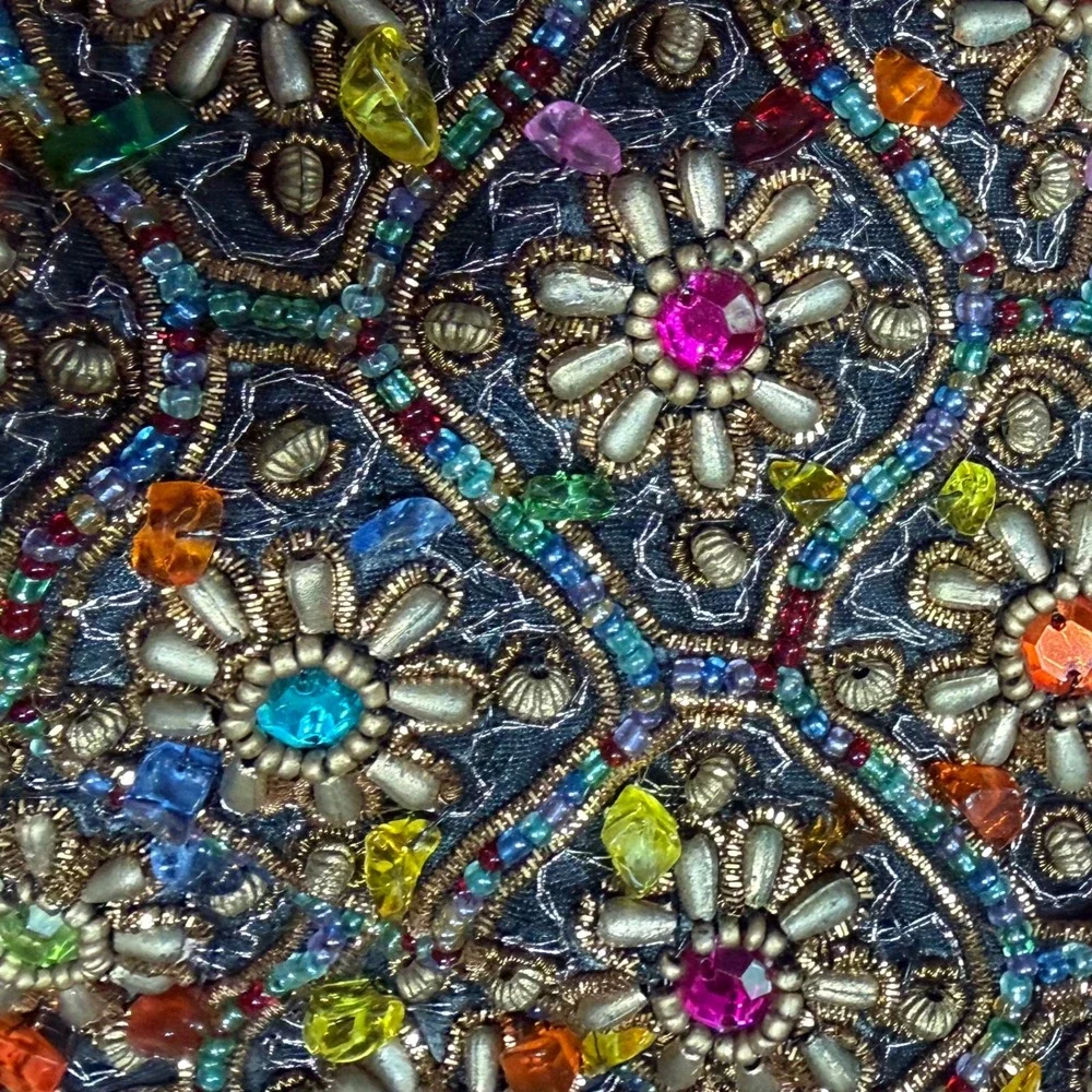 Bamboo Trading Company Beaded Ring Handle Evening Bag Multicolor Floral Mosaic